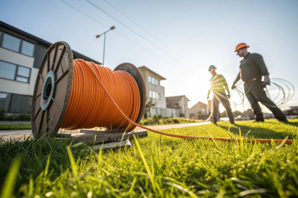 construction site with fiber optic cable installation. workers and heavy machinery lay underground cables for high speed internet, broadband communication, and modern network infrastructure.